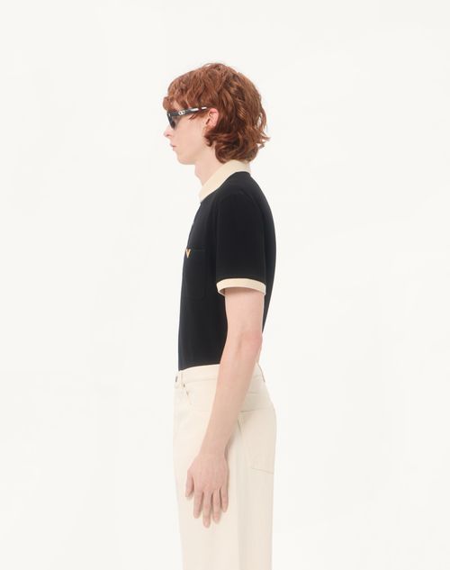 Valentino - Valentino Polo Shirt In Cotton Piquet With Vgold - Black/butter - Man - T-shirts And Sweatshirts